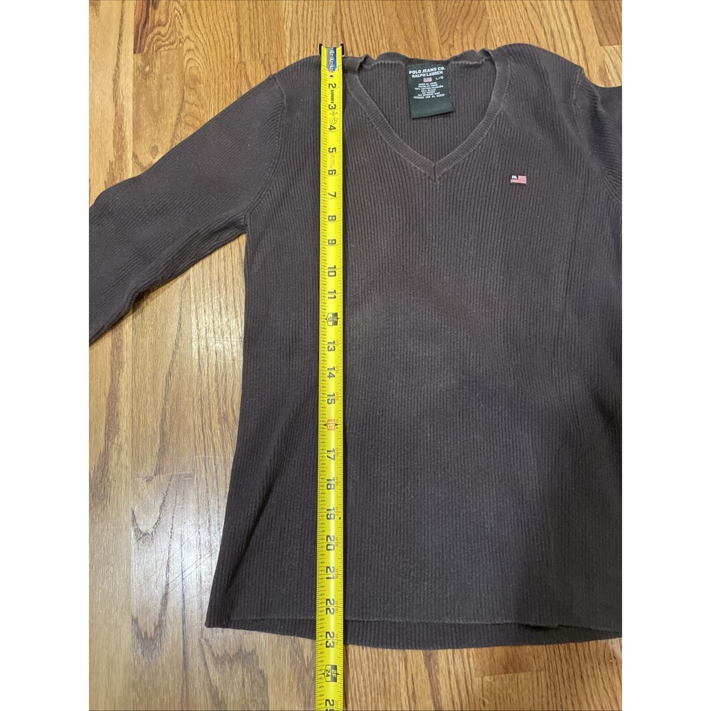Polo‎ Jeans Co Ralph Lauren Women Sweater L Brown Ribbed V-Neck Flag Long Sleeve - Picture 7 of 8